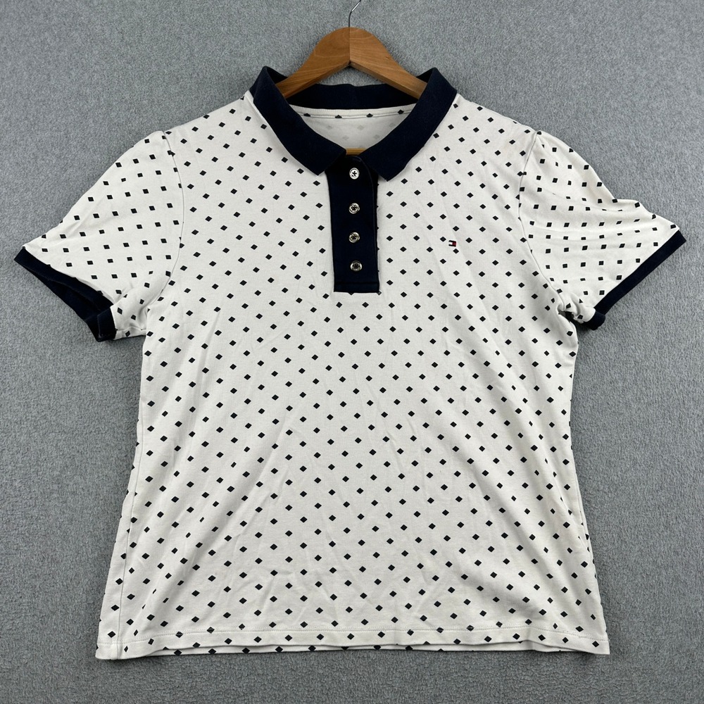 Tommy Hilfiger Polo Shirt Womens L Diamond Print White Navy Blue Short Sleeve